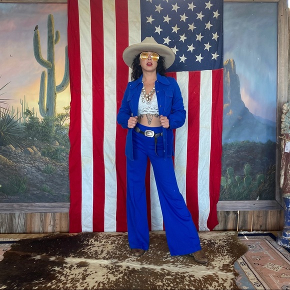 Vintage 70s Royal Blue button down and Bellbottoms - Picture 2 of 9